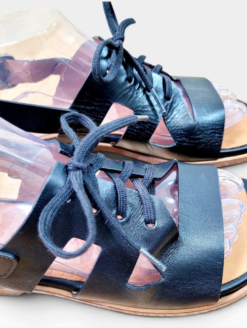 CHIE MIHARA Black Spanish Leather Lace Up Caged Ankle Strap Flat Sandals EU 37 - Picture 3 of 15